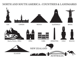 America Continent and Australia Countries Landmarks Silhouette - obrazy, fototapety, plakaty