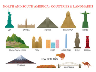 Fototapeta na wymiar America Continent and Australia Countries Landmarks