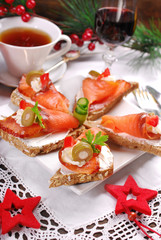 christmas canapes with salmon and cheese