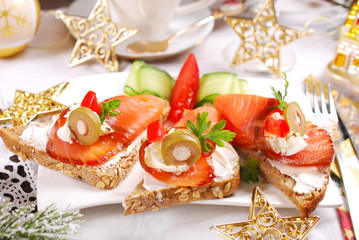 christmas canapes with salmon and cheese