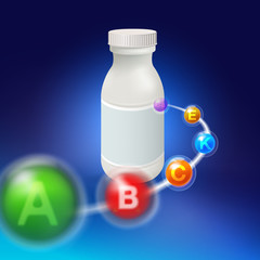 Vitamin tablets rush into the multivitamin. Which is a white plastic bottle with shallow depth.