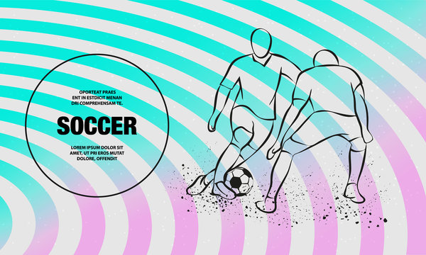 Two soccer players fighting for the ball. Forward and defender playing football. Vector outline of soccer players sport illustration.