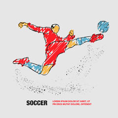 Soccer striker. Football player hits the ball in flight. Vector outline of soccer player with scribble doodles.