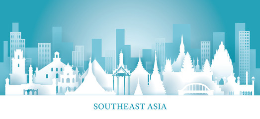 Obraz premium Southeast Asia Skyline Landmarks in Paper Cutting Style