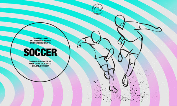 Two Soccer players fighting for the ball. Vector outline of soccer players sport illustration.