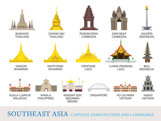 Southeast Asia Cities Landmarks in Flat Style