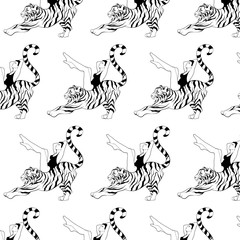 Vector pattern with hand drawn illustration of girl in swimsuit on tiger isolated.