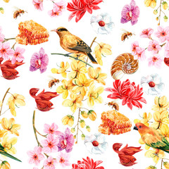 seamless floral background with birds