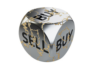 Buy or sell dice, investing and  trading concept. With cracks on the surface and a golden core.