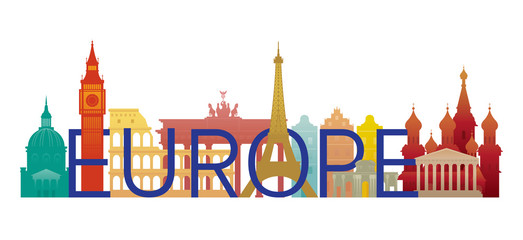 Obraz premium Europe Skyline Landmarks with Text or Word