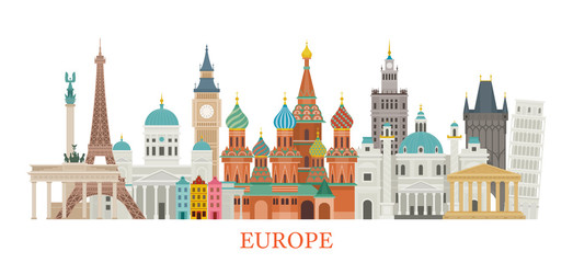 Obraz premium Europe Skyline Landmarks in Flat Style