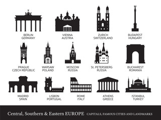 Central, Southern and Eastern Europe Cities Landmarks Silhouette