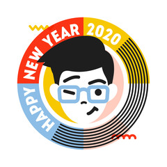 Young winking and smiling male character in round frame with text. Happy New Year 2020 cute badge isolated on white background. Flat style vector illustration for seasonal design