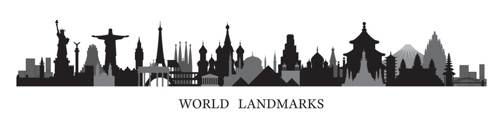 World Skyline Landmarks in Black and White Silhouette - 290258396