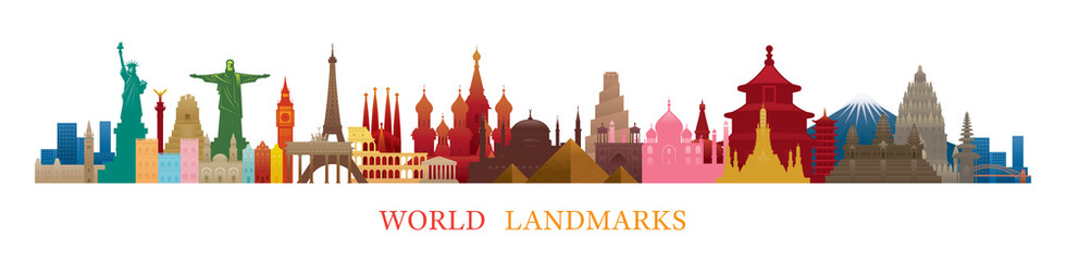 World Skyline Landmarks Silhouette in Colorful Color