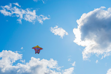 Fototapeta na wymiar Beautiful colorful butterfly kite against the sky and clouds, freedom vacation travel concept