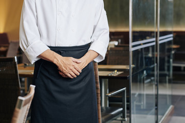 Close-up of male waiter in apron standing at the restaurant and meeting the guests