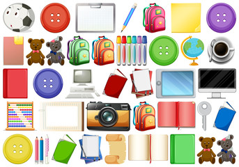 Assortment of household and educational objects on white
