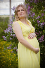  portrait of a pregnant young woman in a yellow dress in the garden