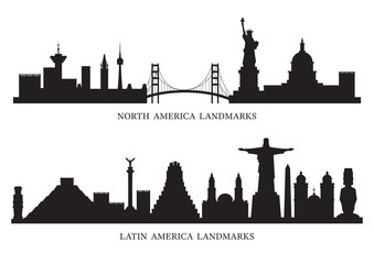 North, South and Latin America Skyline Landmarks Silhouette
