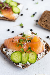 Rye bread, smoked salmon, cucumber and microgreens