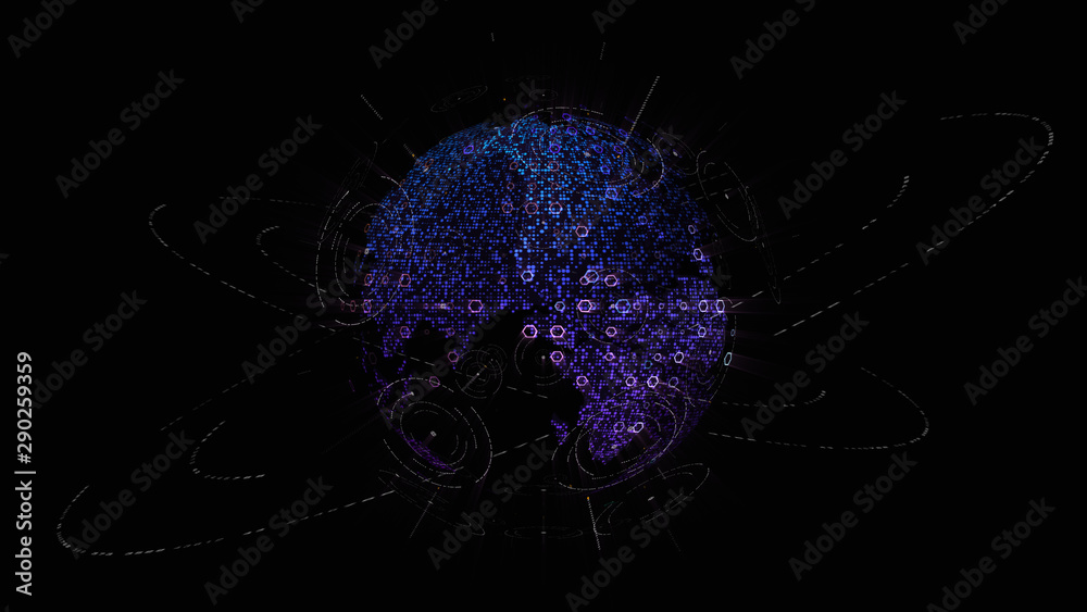 Poster Futuristic global communication via broadband internet connections between cities around the world with matrix particles continent map for head up display background