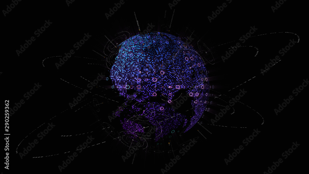 Poster Futuristic global communication via broadband internet connections between cities around the world with matrix particles continent map for head up display background