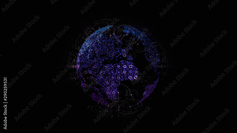 Aufkleber Futuristic global communication via broadband internet connections between cities around the world with matrix particles continent map for head up display background