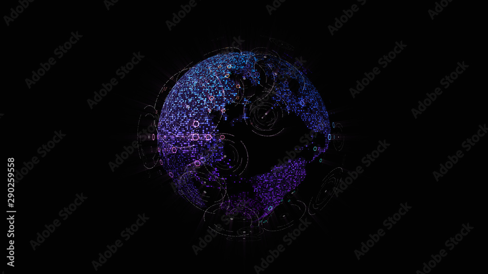 Poster Futuristic global communication via broadband internet connections between cities around the world with matrix particles continent map for head up display background