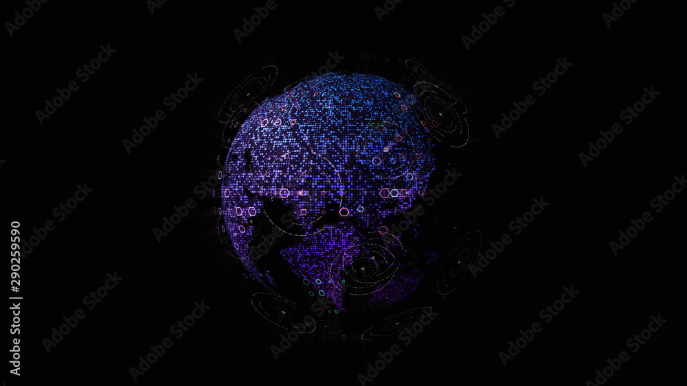 Poster Futuristic global communication via broadband internet connections between cities around the world with matrix particles continent map for head up display background