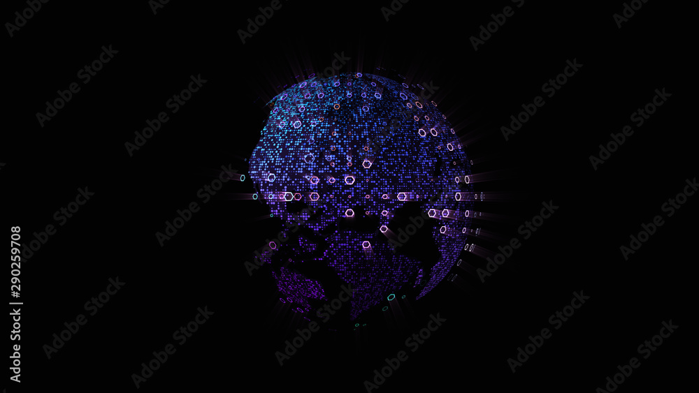 Poster Futuristic global communication via broadband internet connections between cities around the world with matrix particles continent map for head up display background