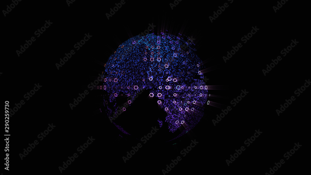 Aufkleber Futuristic global communication via broadband internet connections between cities around the world with matrix particles continent map for head up display background