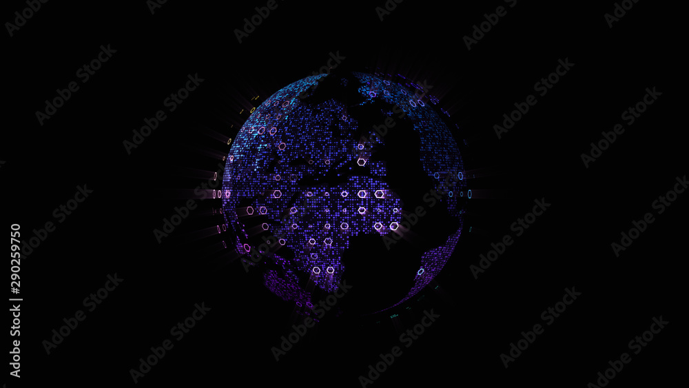 Poster Futuristic global communication via broadband internet connections between cities around the world with matrix particles continent map for head up display background