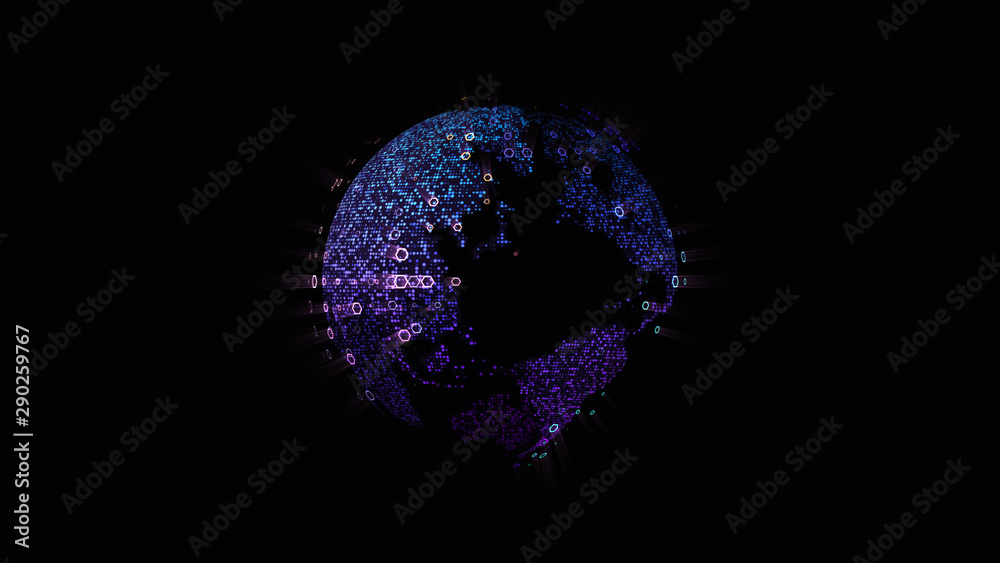 Aufkleber Futuristic global communication via broadband internet connections between cities around the world with matrix particles continent map for head up display background