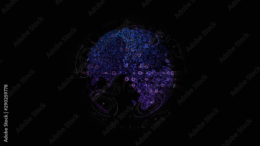 Poster Futuristic global communication via broadband internet connections between cities around the world with matrix particles continent map for head up display background