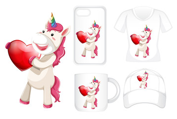 Graphic design on different products with unicorn holding heart