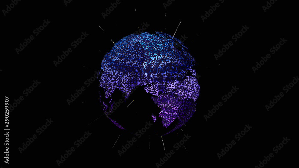 Aufkleber Futuristic global communication via broadband internet connections between cities around the world with matrix particles continent map for head up display background