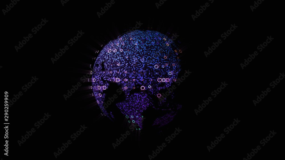 Poster Futuristic global communication via broadband internet connections between cities around the world with matrix particles continent map for head up display background
