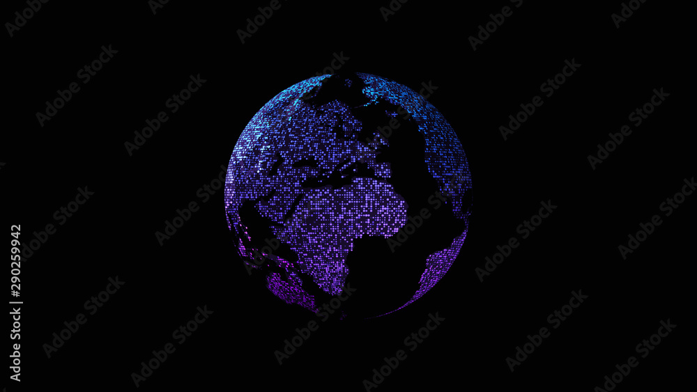 Aufkleber Futuristic global communication via broadband internet connections between cities around the world with matrix particles continent map for head up display background