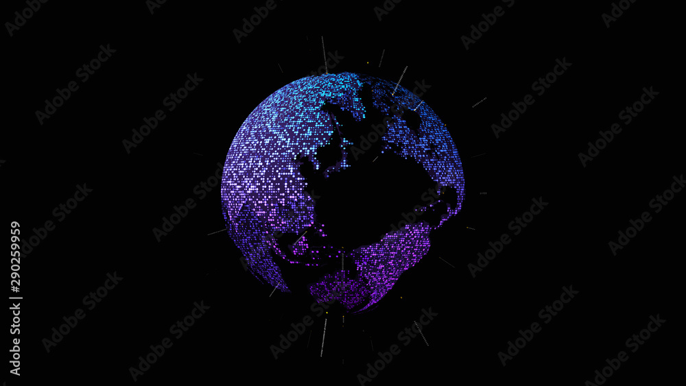 Poster Futuristic global communication via broadband internet connections between cities around the world with matrix particles continent map for head up display background