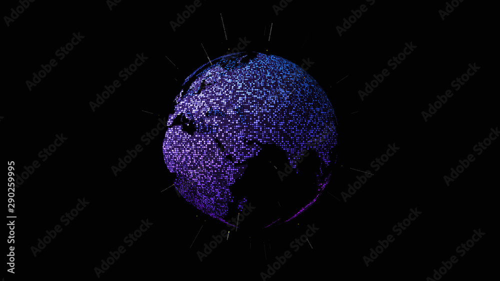 Poster Futuristic global communication via broadband internet connections between cities around the world with matrix particles continent map for head up display background