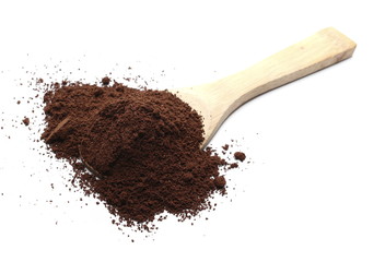 Milled coffee powder for espresso isolated on white background