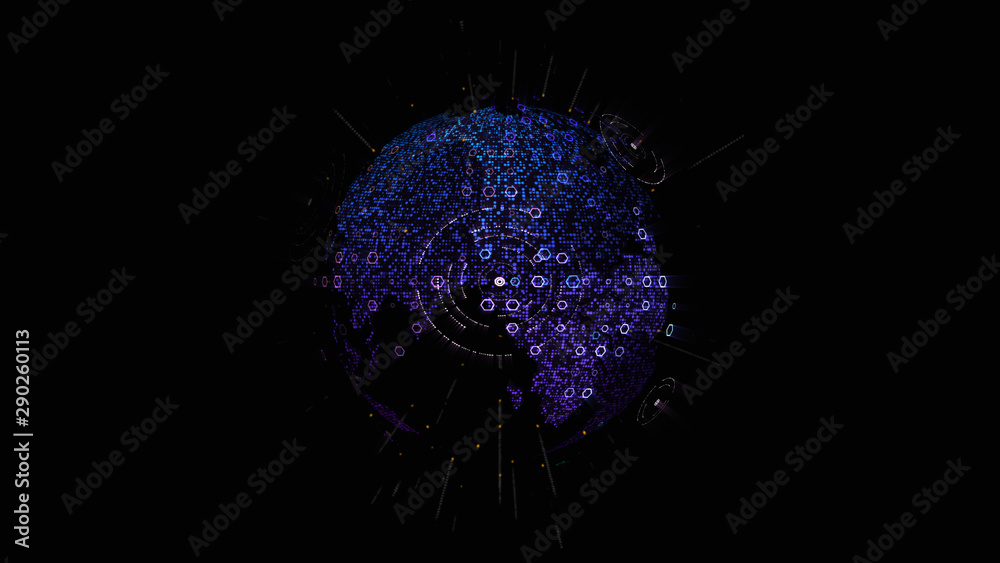 Poster Futuristic global communication via broadband internet connections between cities around the world with matrix particles continent map for head up display background