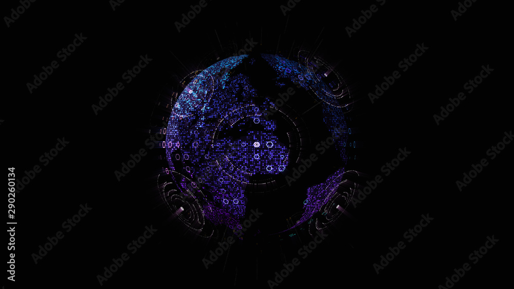 Aufkleber Futuristic global communication via broadband internet connections between cities around the world with matrix particles continent map for head up display background