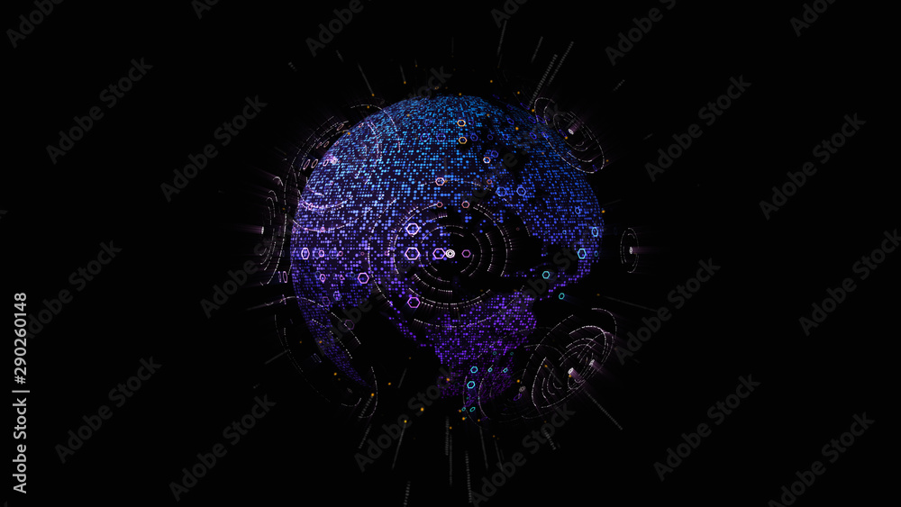 Aufkleber Futuristic global communication via broadband internet connections between cities around the world with matrix particles continent map for head up display background