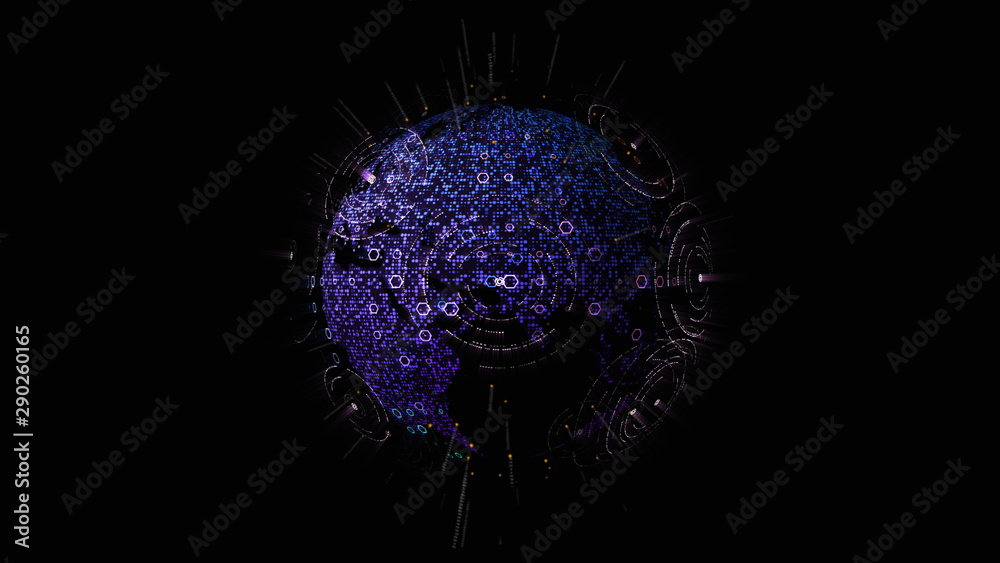 Poster Futuristic global communication via broadband internet connections between cities around the world with matrix particles continent map for head up display background