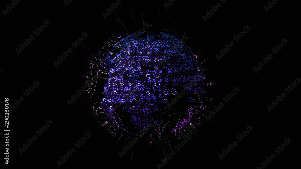 Aufkleber Futuristic global communication via broadband internet connections between cities around the world with matrix particles continent map for head up display background