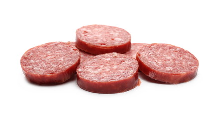 Fermented semi-dry, smoked sausage salami slices isolated on white background