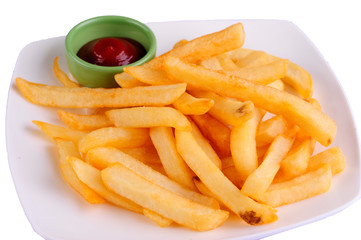 French fries with ketchup on white background.