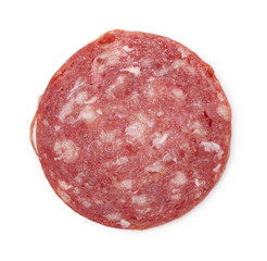 Fermented semi-dry, smoked sausage salami slice isolated on white background, top view